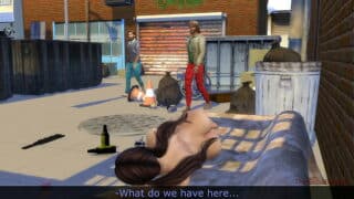 Slut resting after sex, found by homeless. Naked woman fucked hard by filthy wild guys