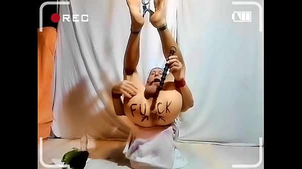 totally naked pervert gay slave exposed stretch c*nt dildo, cucumber fuck, and bottle fits BDSM