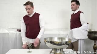 Horny catholic altar boys fucking bareback with cock ring on