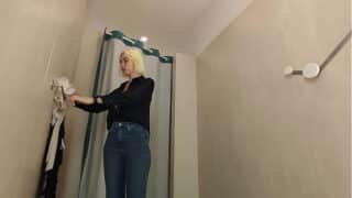 Hidden camera inside the public locker room, a naked girl trying on underwear. Spy in locker room
